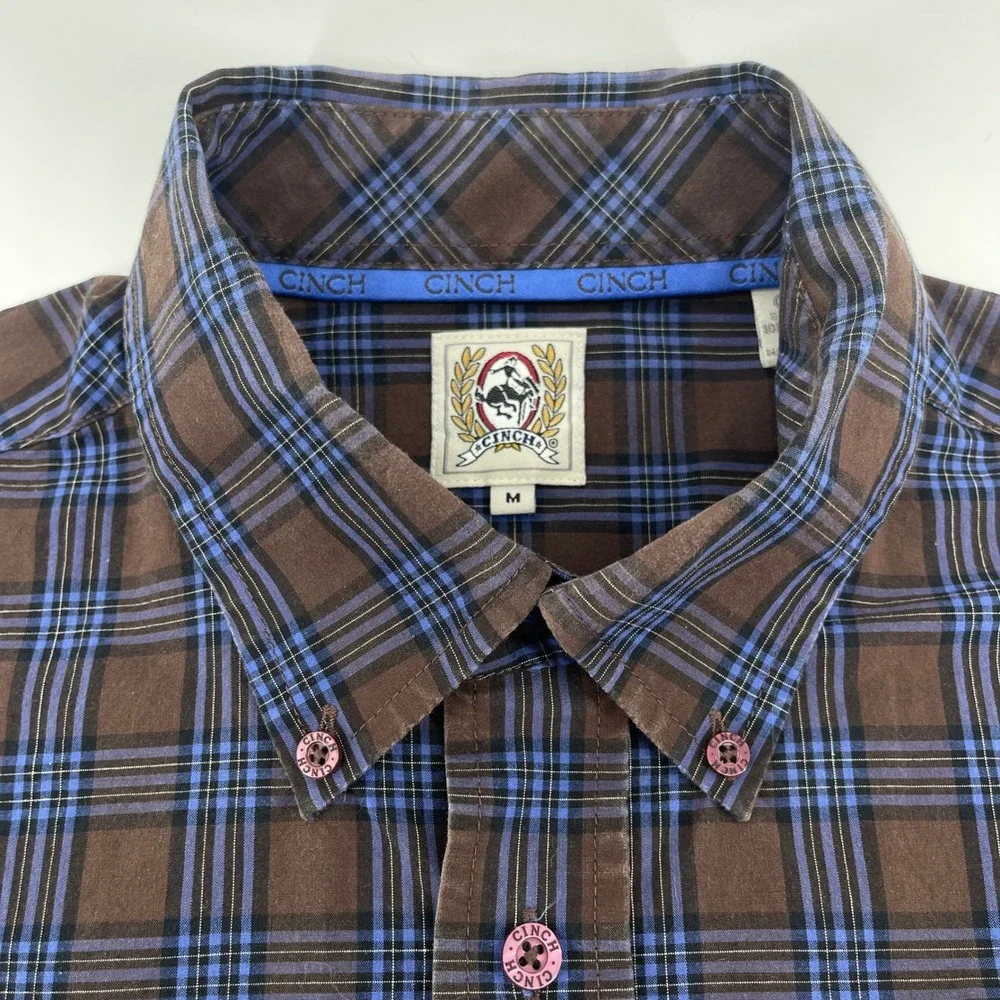 Cinch Button Down Shirt Mens M Brown Blue Plaid MTW1103151 Long Sleeve Pocket
